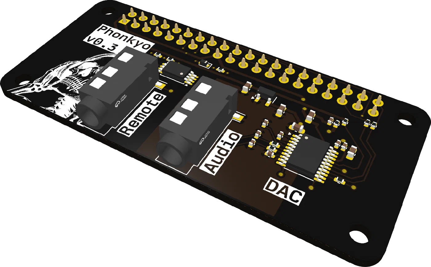 Rendering of the Phonkyo v0.3 board: a black pHAT with a 40-pin header, a DAC chip and two 3.5 mm jacks labelled Remote and Audio.