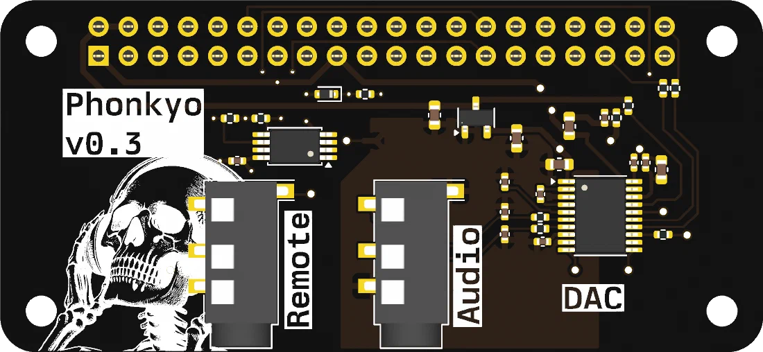 Top view of the Phonkyo board. The 40-pin header runs along the top edge; below it, from left to right, the Remote jack, the Audio jack and the DAC chip.